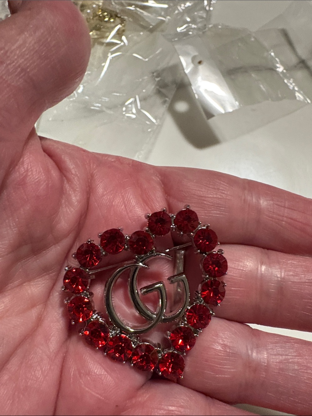 Gucci Red Crystal Heart Brooch with Double G Logo